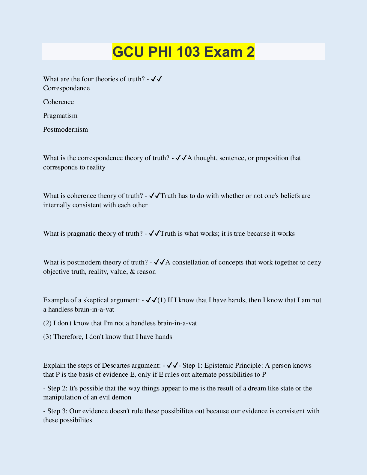 Preview of GCU PHI 103 Exam 2 | 60 Questions with 100% Correct Answers | Updated & Verified